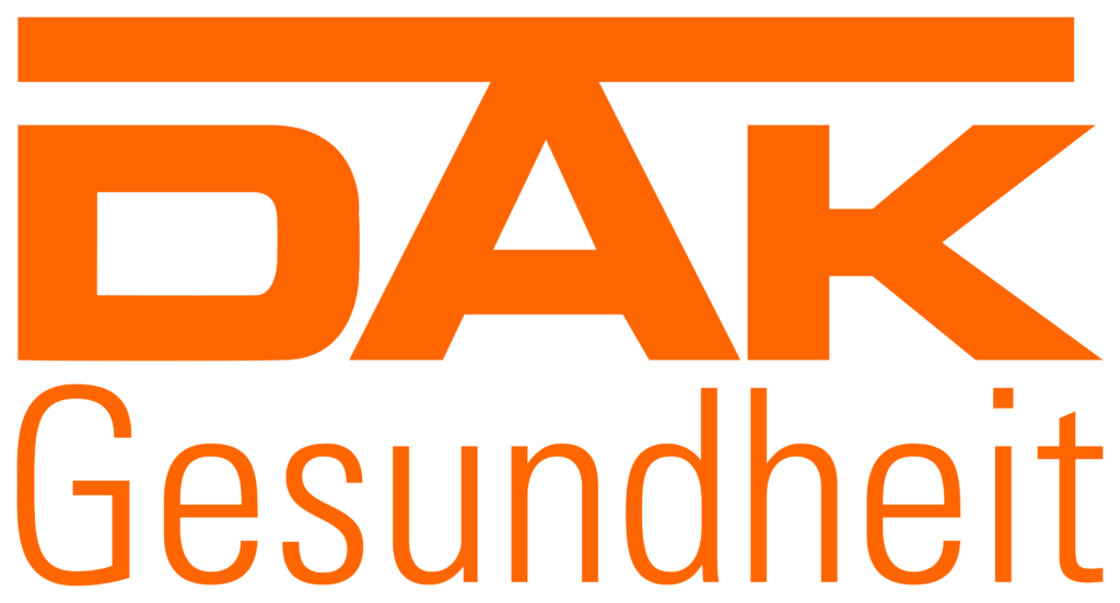 Logo der DAK Gesundheit in orange auf schwarzem Hintergrund.