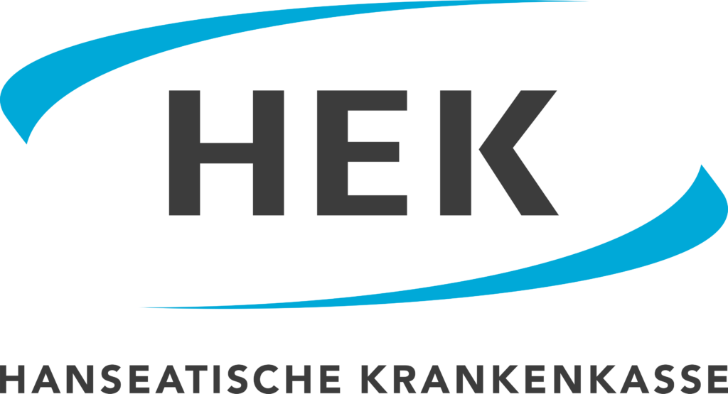 Logo der Hanseatischen Krankenkasse (HEK) mit stilisierten Elementen in Blau und Grau.