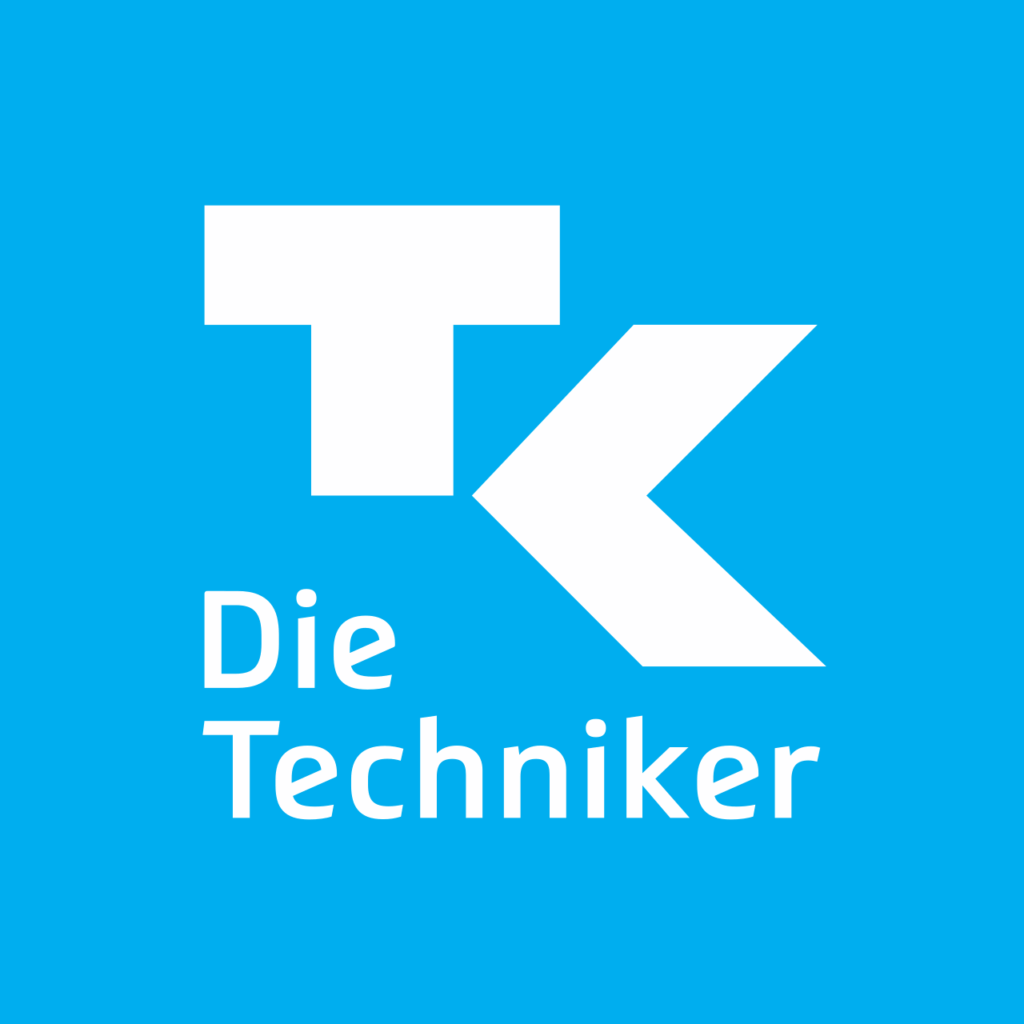 Logo der Techniker Krankenkasse auf blauem Hintergrund mit den Buchstaben "TK" und "Die Techniker" darunter.