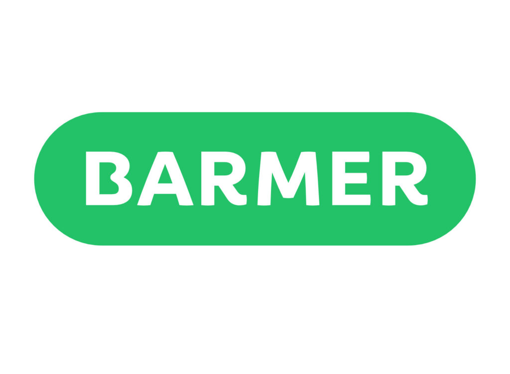 Logo der Barmer Krankenkasse auf grünem Hintergrund mit weißem Schriftzug „BARMER“.