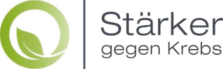 Logo mit dem Text „Stärker gegen Krebs“ und einem grünen Blattmotiv.