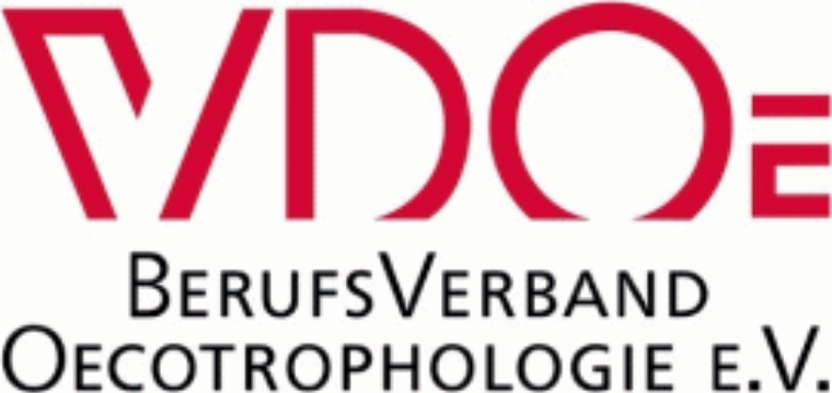 Logo des VDOE, Berufsverband Oecotrophologie e.V., mit stilisierten Buchstaben in Rot und Schwarz.