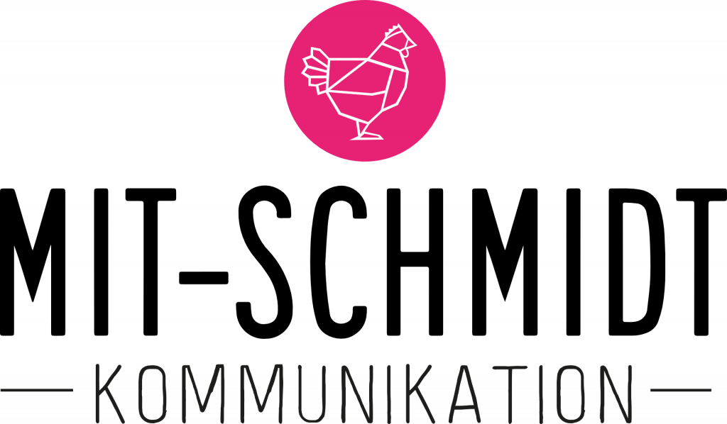 Logo mit einer stilisierten Henne in einem pinken Kreis und dem Wort „Kommunikation“ darunter.